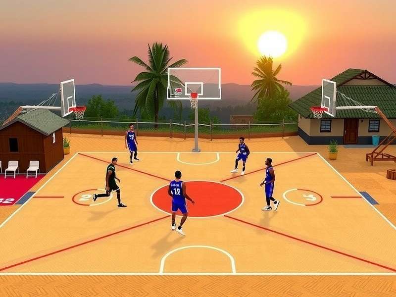 Basketball Dream Team Rural Mode Teaser Teaser image of Basketball Dream Team's upcoming Rural Hoops mode with village court and players
