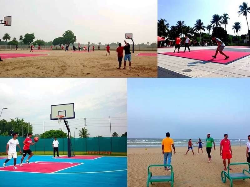Basketball Dream Team Indian Courts Collage of Basketball Dream Team's Indian courts including Mumbai chawl, Delhi park, and Chennai beach